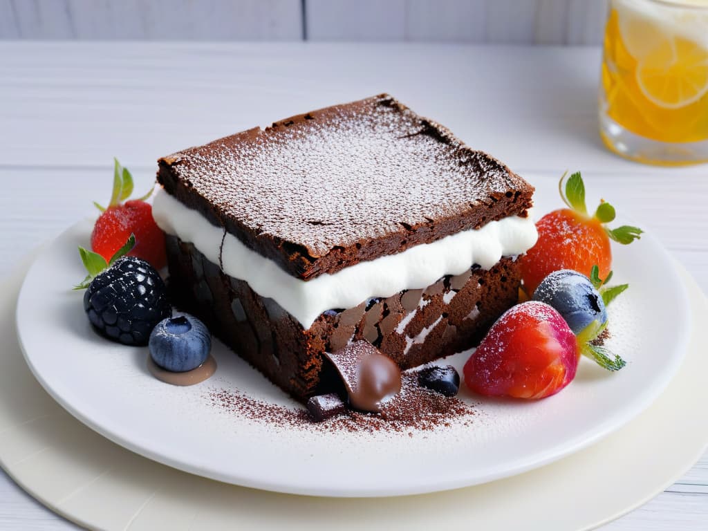  A closeup, ultradetailed image of a decadent chocolate protein brownie topped with a dollop of Greek yogurt, fresh berries, and a sprinkle of chia seeds, all presented on a sleek, modern white plate with a matte black background. The brownie is perfectly moist and rich, with visible chunks of dark chocolate and a dusting of cocoa powder on top, exuding an irresistible aroma. The vibrant colors of the berries and the contrast of textures create a visually stunning and appetizing composition that embodies the essence of delicious and healthy protein desserts. hyperrealistic, full body, detailed clothing, highly detailed, cinematic lighting, stunningly beautiful, intricate, sharp focus, f/1. 8, 85mm, (centered image composition), (professionally color graded), ((bright soft diffused light)), volumetric fog, trending on instagram, trending on tumblr, HDR 4K, 8K