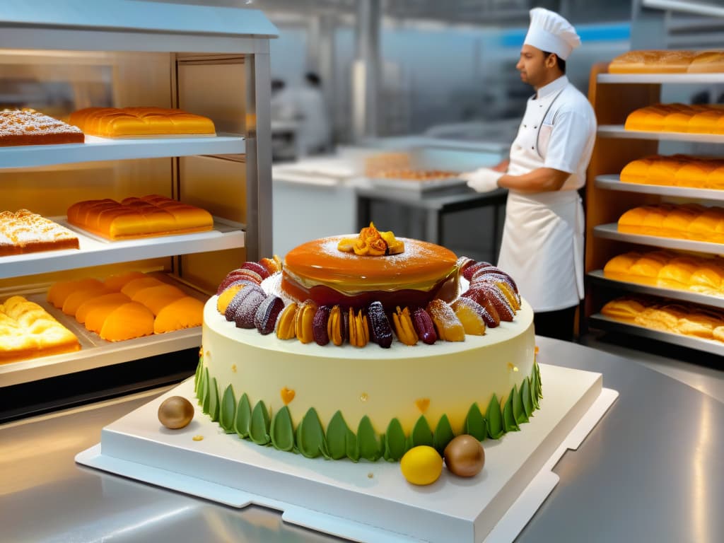  A photorealistic image of a bustling modern bakery with a diverse array of pastries and desserts on display. In the foreground, a skilled pastry chef meticulously decorating a cake with intricate designs, surrounded by a variety of international ingredients and tools. The background showcases a multicultural atmosphere with customers of different ethnicities enjoying pastries from around the world. The vibrant colors and detailed textures bring to life the fusion of global flavors in modern pastrymaking. hyperrealistic, full body, detailed clothing, highly detailed, cinematic lighting, stunningly beautiful, intricate, sharp focus, f/1. 8, 85mm, (centered image composition), (professionally color graded), ((bright soft diffused light)), volumetric fog, trending on instagram, trending on tumblr, HDR 4K, 8K