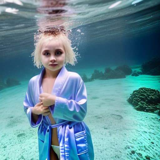  girl under water with short hair no reaction wearing robe without anything else