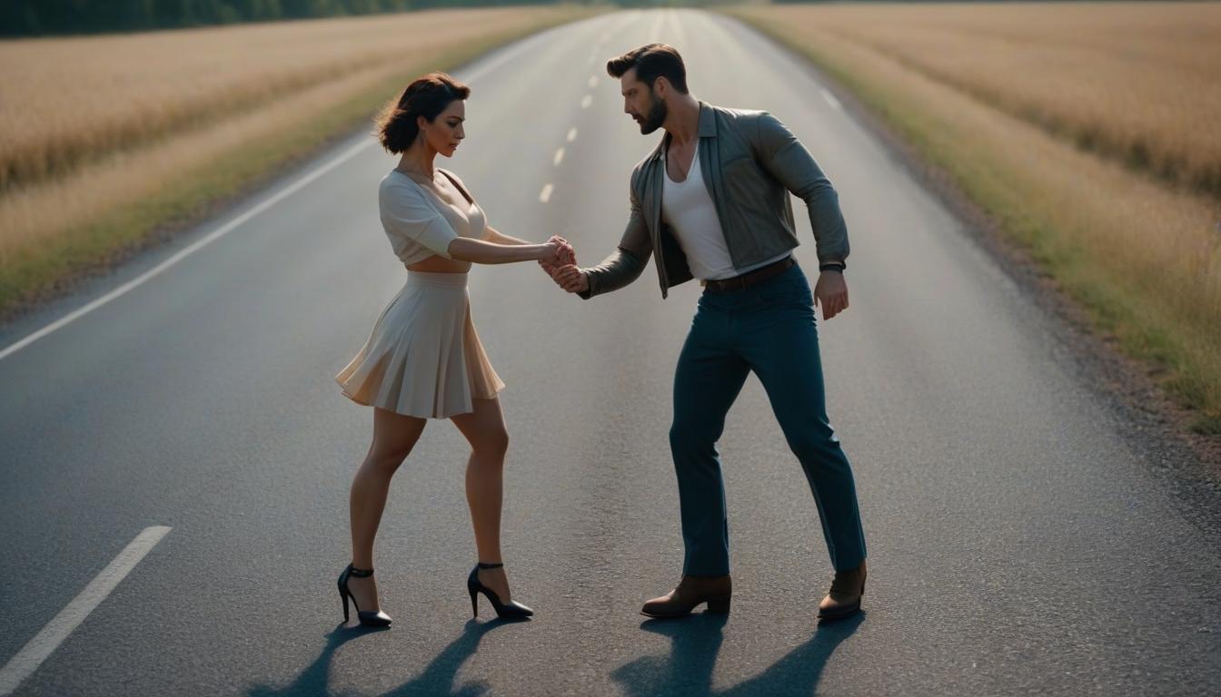  cinematic photo A man and a woman are dancing together on the edge of the road. . 35mm photograph, film, bokeh, professional, 4k, highly detailed hyperrealistic, full body, detailed clothing, highly detailed, cinematic lighting, stunningly beautiful, intricate, sharp focus, f/1. 8, 85mm, (centered image composition), (professionally color graded), ((bright soft diffused light)), volumetric fog, trending on instagram, trending on tumblr, HDR 4K, 8K