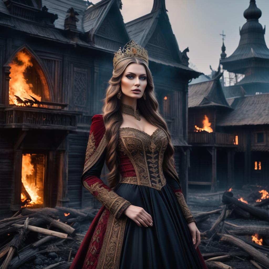  gothic style Kyiv Rus' Slavic princess against the backdrop of far off fires of wooden walls and wooden buildings of an ancient city, in the sky flocks of birds. . dark, mysterious, haunting, dramatic, ornate, detailed hyperrealistic, full body, detailed clothing, highly detailed, cinematic lighting, stunningly beautiful, intricate, sharp focus, f/1. 8, 85mm, (centered image composition), (professionally color graded), ((bright soft diffused light)), volumetric fog, trending on instagram, trending on tumblr, HDR 4K, 8K