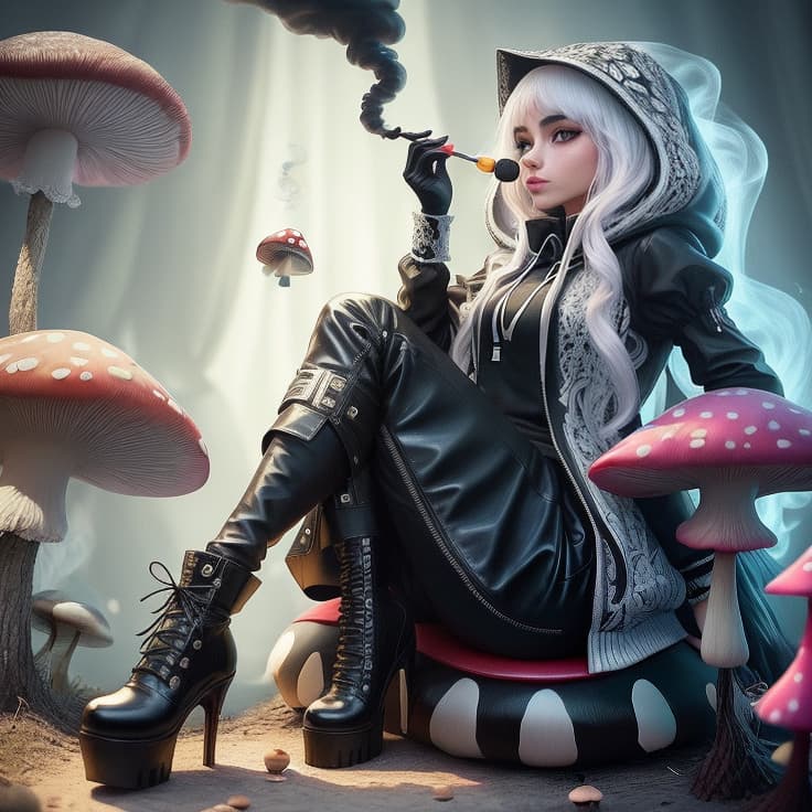  Alice from wonderland in a black hoodie with a leather pants sitting by a mushroom, smoking a hookah , hyperrealistic, high quality, highly detailed, perfect lighting, intricate, sharp focus, f/1. 8, 85mm, (centered image composition), (professionally color graded), ((bright soft diffused light)), trending on instagram, HDR 4K, 8K