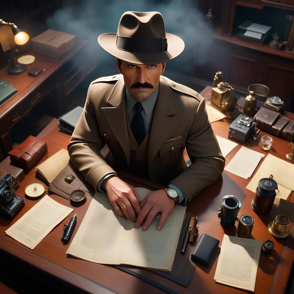  A detective's table looks like this from above, with an empty spot in the center and no detective. hyperrealistic, full body, detailed clothing, highly detailed, cinematic lighting, stunningly beautiful, intricate, sharp focus, f/1. 8, 85mm, (centered image composition), (professionally color graded), ((bright soft diffused light)), volumetric fog, trending on instagram, trending on tumblr, HDR 4K, 8K