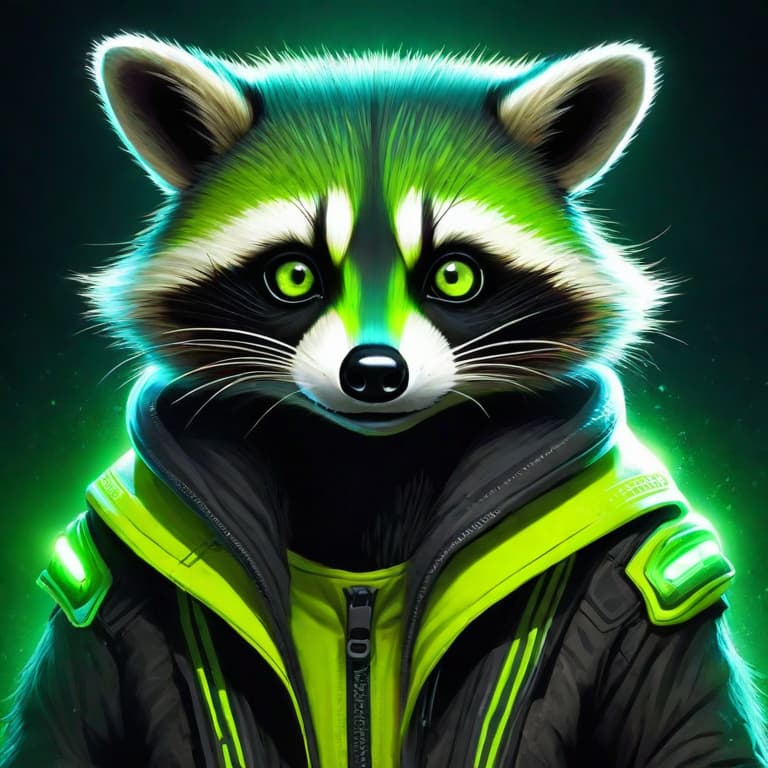  Subject Detail: The subject of the image is a unique creature, a cross between an alien and a raccoon. Its body is predominantly fluorescent green, giving it an otherworldly appearance. The creature has a mischievous smirk on its face, showcasing its nature. Its eyes, glowing in a vibrant shade of yellow, draw attention and add an eerie touch to its appearance.

Medium: Digital art.

Art Style: Surrealist.

Image Type: Illustration.

Resolution and Focus: The desired resolution is high, at least 4K, to capture intricate details of the creature's features. The focus should be sharp, highlighting the subject's expression and characteristics.

Typography and Text: No text is required for this image.

Elaborate Description: The image sh