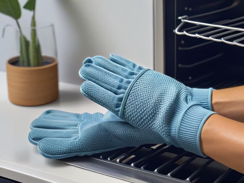  A sleek and modern kitchen setting with a closeup of stylish highresistance oven gloves in a bold, elegant design, showcasing intricate stitching details and heatresistant materials in a minimalist aesthetic. Light reflects off the sleek surface, emphasizing the protective yet fashionable nature of the gloves, set against a backdrop of a contemporary kitchen environment with muted tones to highlight the gloves' style and functionality. hyperrealistic, full body, detailed clothing, highly detailed, cinematic lighting, stunningly beautiful, intricate, sharp focus, f/1. 8, 85mm, (centered image composition), (professionally color graded), ((bright soft diffused light)), volumetric fog, trending on instagram, trending on tumblr, HDR 4K, 8K