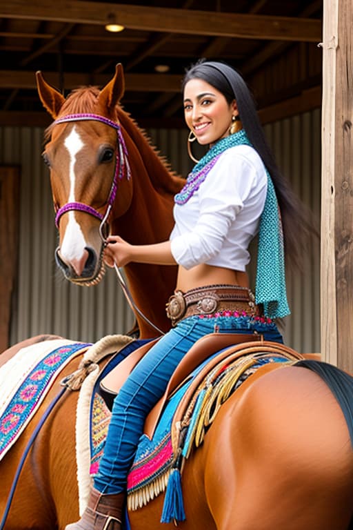  Middle eastern female cowgirl riding horse