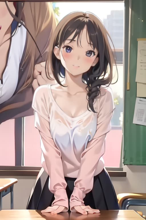  Masterpiece, 1girl, parted lips, blush, makeup, light smile, uniform, classroom, light rays, glow,, collarbone, narrow waist, (masterpiece), wallpaper, sheer shirt, uncensored,bent over table showing round