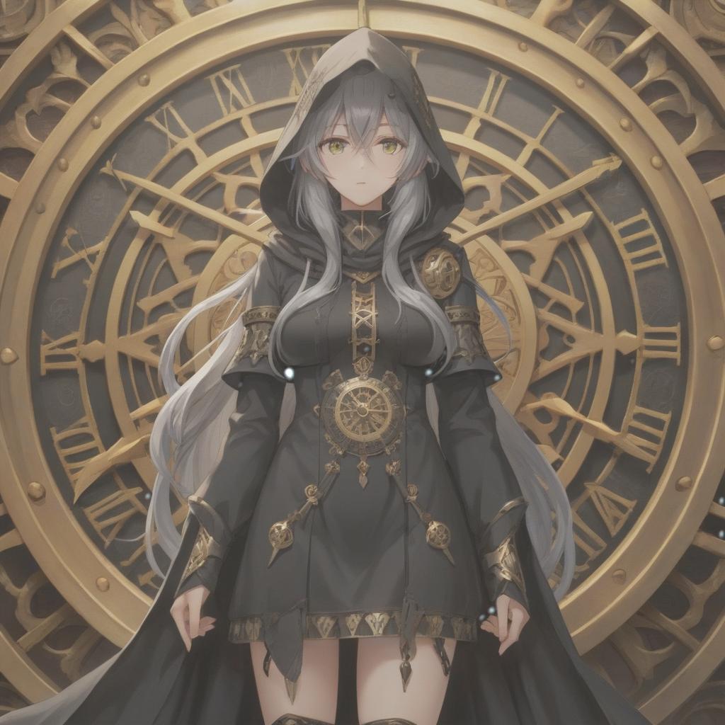  anime artwork A girl in the anime style with long gray hair and gray eyes, weary gaze, her long black clothes sag, a black bonnet on her head, a black intricate pattern on her leg, standing sideways, her hands are stretched out, behind her a large clock face with golden Roman numerals and black engraved arrows. . anime style, key visual, vibrant, studio anime, highly detailed hyperrealistic, full body, detailed clothing, highly detailed, cinematic lighting, stunningly beautiful, intricate, sharp focus, f/1. 8, 85mm, (centered image composition), (professionally color graded), ((bright soft diffused light)), volumetric fog, trending on instagram, trending on tumblr, HDR 4K, 8K