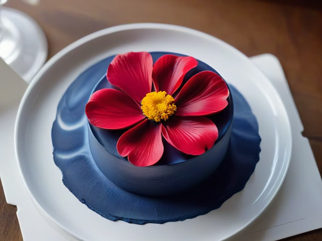  A closeup, ultradetailed image of a delicate, handpainted edible flower on a pristine white plate. The petals are meticulously crafted with vibrant shades of crimson, indigo, and gold, showcasing intricate brush strokes and precise detailing. The image captures the essence of edible artistry, with each petal exuding a lifelike quality that mesmerizes the viewer. The background is softly blurred, emphasizing the meticulous beauty of the edible creation. hyperrealistic, full body, detailed clothing, highly detailed, cinematic lighting, stunningly beautiful, intricate, sharp focus, f/1. 8, 85mm, (centered image composition), (professionally color graded), ((bright soft diffused light)), volumetric fog, trending on instagram, trending on tumblr, HDR 4K, 8K