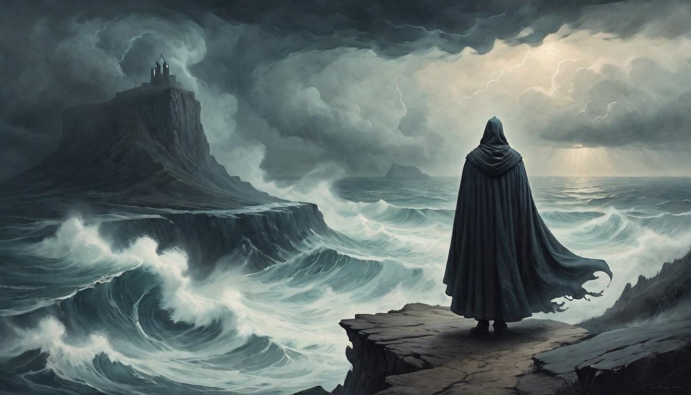  on parchment, surrealism+++, A lone figure, shrouded in a cloak, standing at the edge of a cliff overlooking a tempestuous sea, waves embodying the tumult of emotions, horizon blurred between storm and calm, foreboding yet awe inspiring(mysterious, provocative, symbolic,muted color)+++