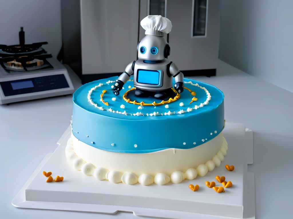  A photorealistic image of a sleek, futuristic robot chef delicately piping intricate designs on a beautifully crafted cake in a pristine, hightech kitchen. The robot's metallic surface gleams under the soft glow of overhead lights, emphasizing its precision and attention to detail as it works alongside human chefs in perfect harmony. The scene exudes a sense of innovation, efficiency, and quality in food production, capturing the essence of how robots elevate food safety standards in the realm of pastry making. hyperrealistic, full body, detailed clothing, highly detailed, cinematic lighting, stunningly beautiful, intricate, sharp focus, f/1. 8, 85mm, (centered image composition), (professionally color graded), ((bright soft diffused light)), volumetric fog, trending on instagram, trending on tumblr, HDR 4K, 8K