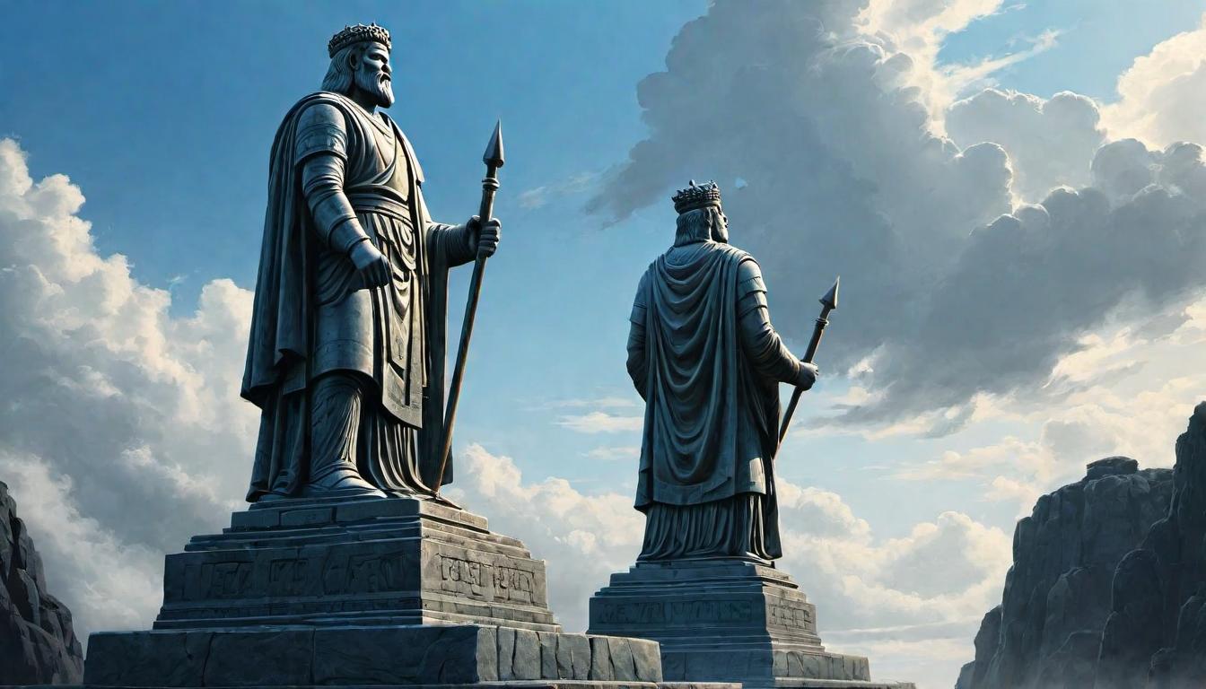  （surrealism)Two towering statues, triumphantly raised fists, clean cut features, carved inscriptions at base, ancient and monumental, sense of strength and achievement mystic, intricate details, best quality)