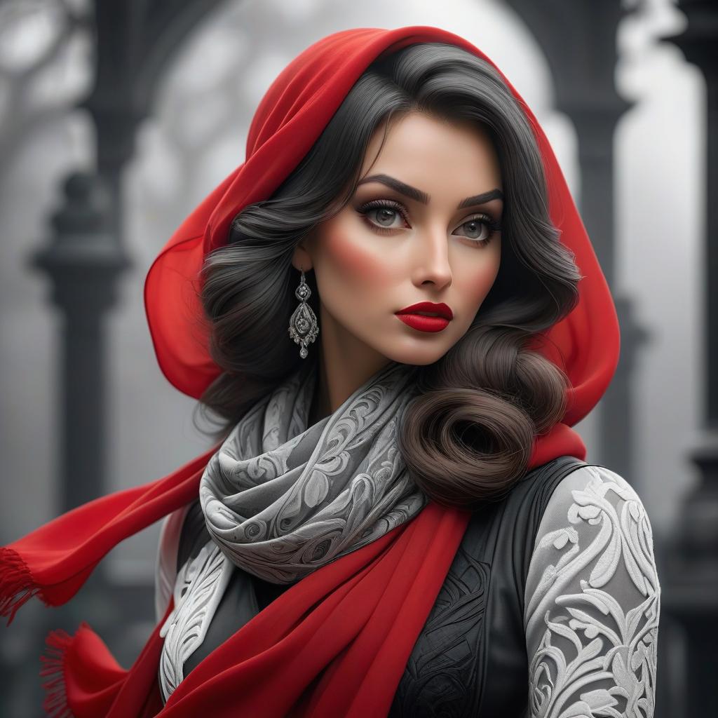  Black and white art nouveau portrait photography, red scarf hyperrealistic, full body, detailed clothing, highly detailed, cinematic lighting, stunningly beautiful, intricate, sharp focus, f/1. 8, 85mm, (centered image composition), (professionally color graded), ((bright soft diffused light)), volumetric fog, trending on instagram, trending on tumblr, HDR 4K, 8K