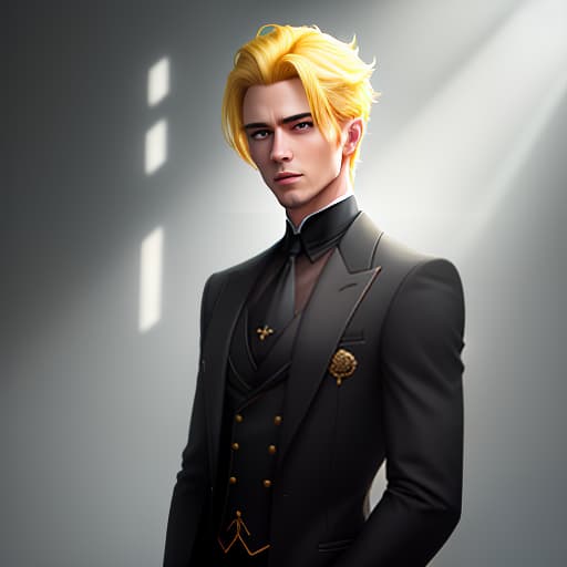  In the picture, there is one young man. He is standing upright. He has yellow hair. He has blue eyes. He is wearing a black long suit with yellow inserts. hyperrealistic, full body, detailed clothing, highly detailed, cinematic lighting, stunningly beautiful, intricate, sharp focus, f/1. 8, 85mm, (centered image composition), (professionally color graded), ((bright soft diffused light)), volumetric fog, trending on instagram, trending on tumblr, HDR 4K, 8K