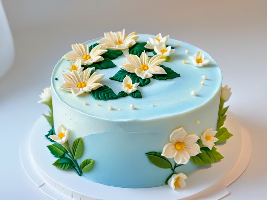  A closeup, ultradetailed image of a beautifully decorated cake, showcasing intricate piping work with delicate flowers and leaves in pastel colors. hyperrealistic, full body, detailed clothing, highly detailed, cinematic lighting, stunningly beautiful, intricate, sharp focus, f/1. 8, 85mm, (centered image composition), (professionally color graded), ((bright soft diffused light)), volumetric fog, trending on instagram, trending on tumblr, HDR 4K, 8K