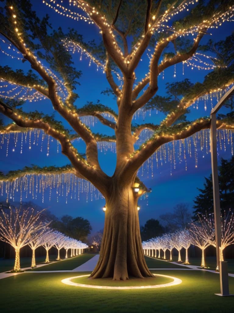  masterpiece, best quality, official art, extremely detailed cg 8k, tree outside, Christmas lights,