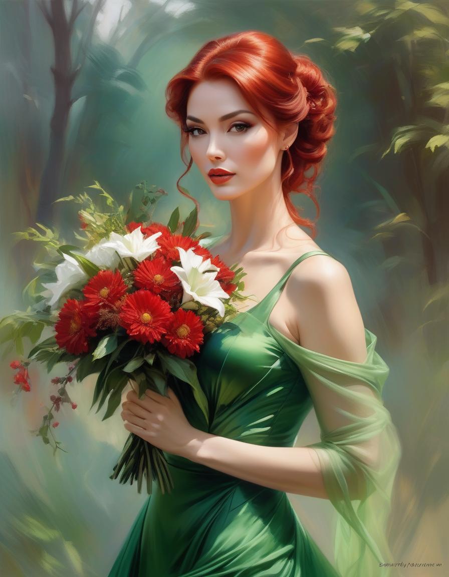  impressionist painting Painting of a woman in a green dress with a bouquet in her hands., stanley artgerm lau, steven artgerm lau, magali villeneuve', graphic artist magali villeneuve, artgerm lau, inspired by Magali Villeneuve, charlie bowater rich deep colors, Stanley Artgerm, red haired goddess, Стиль Stanley Artgermа . loose brushwork, vibrant color, light and shadow play, captures feeling over form hyperrealistic, full body, detailed clothing, highly detailed, cinematic lighting, stunningly beautiful, intricate, sharp focus, f/1. 8, 85mm, (centered image composition), (professionally color graded), ((bright soft diffused light)), volumetric fog, trending on instagram, trending on tumblr, HDR 4K, 8K