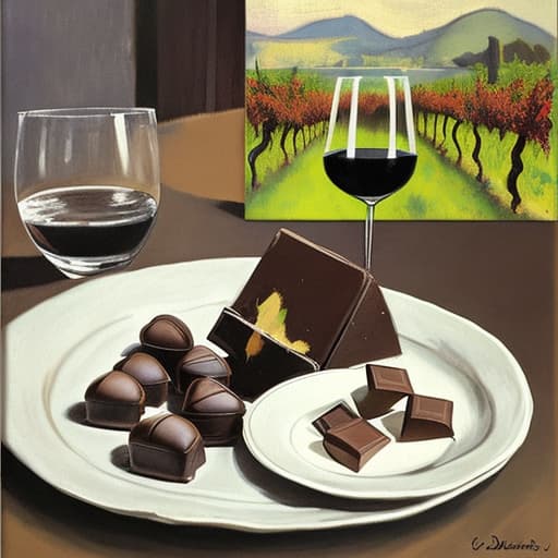  Marlon Brando the godfather, Don Vito in Italy and a vineyard dressed in modern designer attire. Foreground plates of fine dark chocolates on a table. Background vineyard Painting style of Edgar Degas