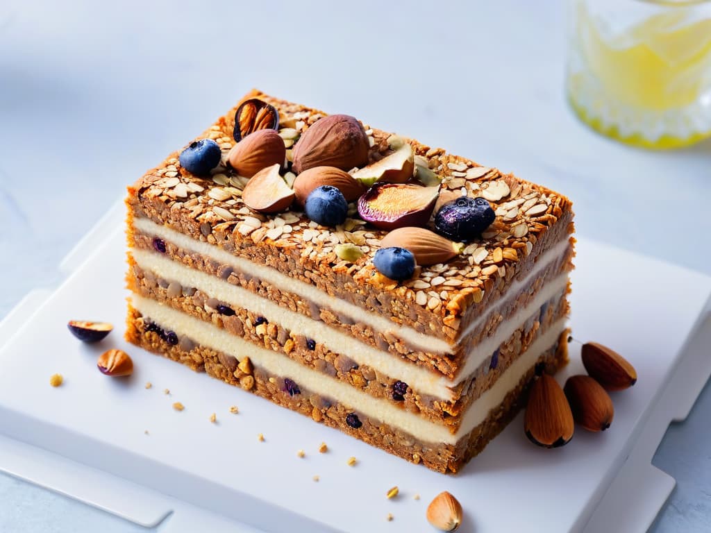  A closeup, ultradetailed image of a homemade vegan organic energy bar resting on a sleek, modern marble countertop. The energy bar is perfectly rectangular, showcasing layers of nuts, seeds, and dried fruits, all neatly arranged and visible. The lighting is soft but highlights the textures and colors of the ingredients, giving the image a minimalist and sophisticated feel. hyperrealistic, full body, detailed clothing, highly detailed, cinematic lighting, stunningly beautiful, intricate, sharp focus, f/1. 8, 85mm, (centered image composition), (professionally color graded), ((bright soft diffused light)), volumetric fog, trending on instagram, trending on tumblr, HDR 4K, 8K