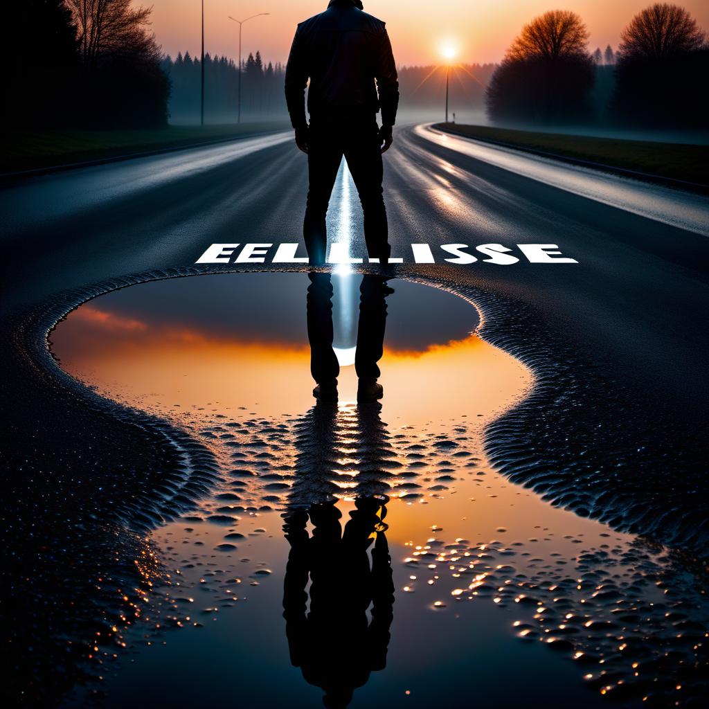  cinematic photo Road. Sunrise. Reflection of night in a puddle. Inscription "Eclipse" . 35mm photograph, film, bokeh, professional, 4k, highly detailed hyperrealistic, full body, detailed clothing, highly detailed, cinematic lighting, stunningly beautiful, intricate, sharp focus, f/1. 8, 85mm, (centered image composition), (professionally color graded), ((bright soft diffused light)), volumetric fog, trending on instagram, trending on tumblr, HDR 4K, 8K