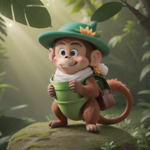  Create an image of a midday scene with the sun at its zenith, radiating heat. The scene should prominently feature a mischief-making monkey wearing a little green hat and carrying a green bag. Accentuate his role in the scene without overpowering the subtler background, which is a beautiful green nature setting with an impressive dragon flying in the distance. While each element is important, emphasis should slightly favor the hot midday scene and the foresaid monkey character over the background., best quality, very detailed, high resolution, sharp, sharp image, extremely detailed, 4k, 8k, in-frame hyperrealistic, full body, detailed clothing, highly detailed, cinematic lighting, stunningly beautiful, intricate, sharp focus, f/1. 8, 85mm, (centered image composition), (professionally color graded), ((bright soft diffused light)), volumetric fog, trending on instagram, trending on tumblr, HDR 4K, 8K