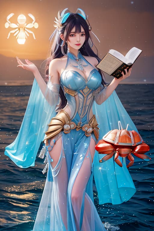  pixar style of a transparent mecha ((crab)), steampunk, cute, ((( luminous))), in the ocean, reading a magic book , bubbles, angry, high detailed, photorealistic, 8k hyperrealistic, full body, detailed clothing, highly detailed, cinematic lighting, stunningly beautiful, intricate, sharp focus, f/1. 8, 85mm, (centered image composition), (professionally color graded), ((bright soft diffused light)), volumetric fog, trending on instagram, trending on tumblr, HDR 4K, 8K