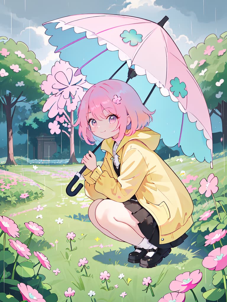  ultra detailed:1.2,masterpiece:1.2,best quality,masterpiece,bestquality,hdr:1.1,8k:1.1,very cute girl:1.3,(clover field:1.3),search a clover:1.3,holding clover:1.4,holding umbrella:1.3,heavy rain:1.3,rainbow:1.2,(checkerd pattern,big umbrella :1.1),(pink hair:1.3),happy smile:1.3,(squatting,kneeling:1.4)from below:1.2,from side,looking down,closed mouth:1.1,face focus:1.5,yellow raincoat:1.1, masterpiece, best quality,8k,ultra detailed,high resolution,an extremely delicate and beautiful,hyper detail