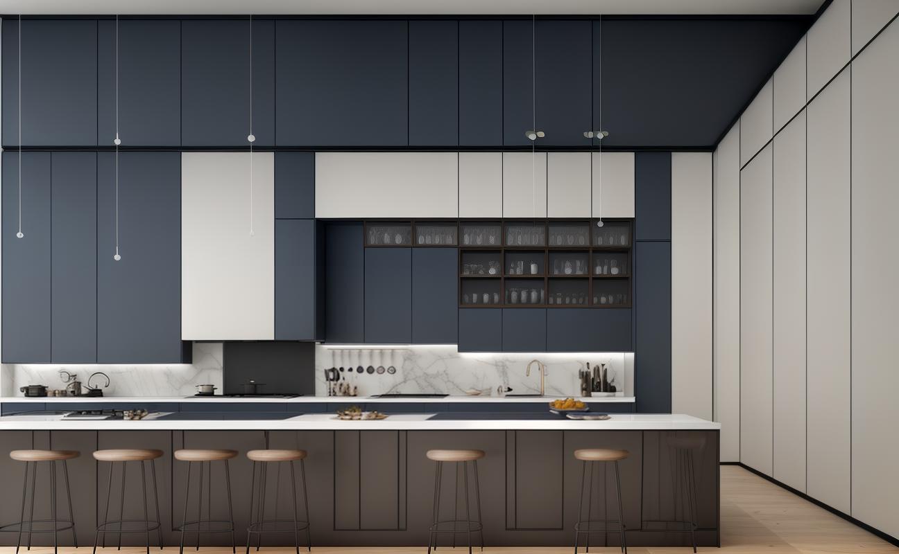  a modern luxurious kitchen with a color palette of blue brown black and white