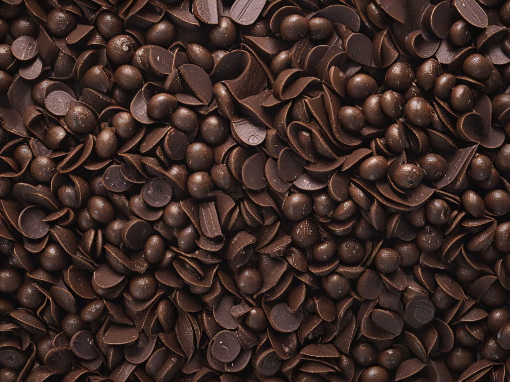  A closeup, ultra highresolution image of a variety of premium chocolate chips neatly arranged in a perfect grid pattern on a sleek, black marble surface. The chocolate chips exhibit a range of shades from rich dark chocolate to creamy milk chocolate, each with a glossy sheen that reflects the soft ambient lighting in the room. The precision of the layout and the luxurious quality of the chocolate chips immediately convey a sense of sophistication and premium quality, perfectly complementing the professional and informative tone of the article on selecting the best chocolate chip brands for baking creations. hyperrealistic, full body, detailed clothing, highly detailed, cinematic lighting, stunningly beautiful, intricate, sharp focus, f/1. 8, 85mm, (centered image composition), (professionally color graded), ((bright soft diffused light)), volumetric fog, trending on instagram, trending on tumblr, HDR 4K, 8K