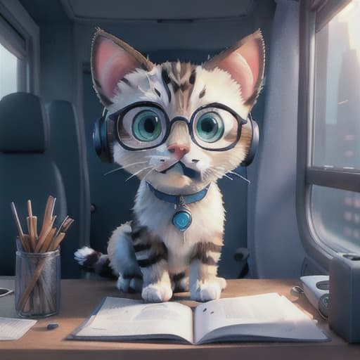  Realistic image of a cat wearing headphones and reading glasses while riding a bus., crystalline, wallpaper, art brut, macro photography, Bioluminescent hyperrealistic, full body, detailed clothing, highly detailed, cinematic lighting, stunningly beautiful, intricate, sharp focus, f/1. 8, 85mm, (centered image composition), (professionally color graded), ((bright soft diffused light)), volumetric fog, trending on instagram, trending on tumblr, HDR 4K, 8K