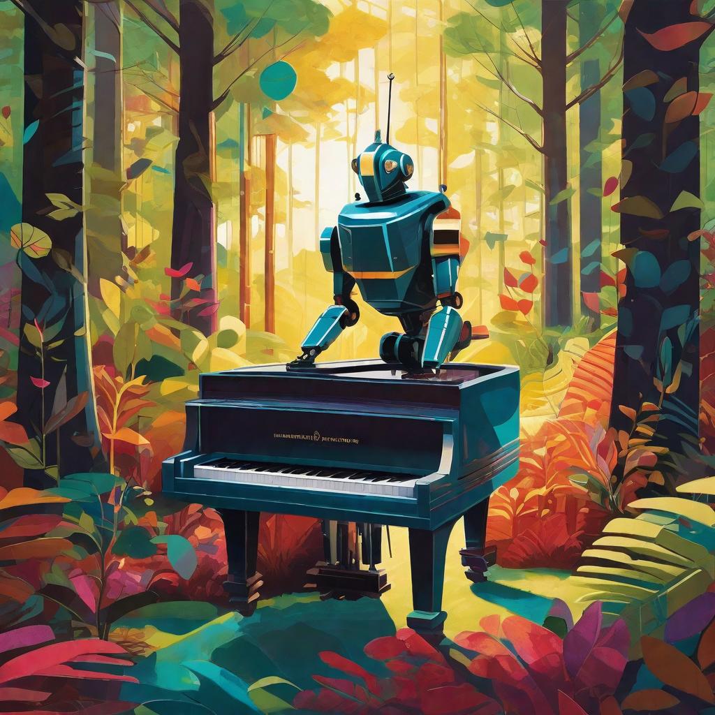  with vibrant abstract elements, An anthropomorphic robot playing a grand piano in a sunlit, serene forest clearing