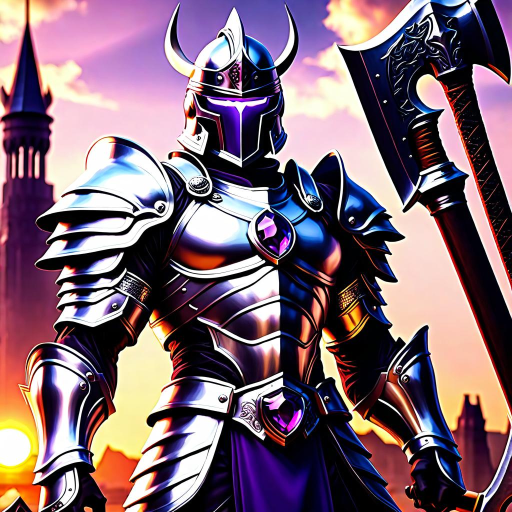  anime artwork English: MALE: Age: 30 Era: XX Build: Moderately muscular Silver armor with purple gems Silver helmet with darkened face Crown with purple eyes In front of a kingdom at sunrise Two handed axe on back HDR 4K . anime style, key visual, vibrant, studio anime, highly detailed hyperrealistic, full body, detailed clothing, highly detailed, cinematic lighting, stunningly beautiful, intricate, sharp focus, f/1. 8, 85mm, (centered image composition), (professionally color graded), ((bright soft diffused light)), volumetric fog, trending on instagram, trending on tumblr, HDR 4K, 8K