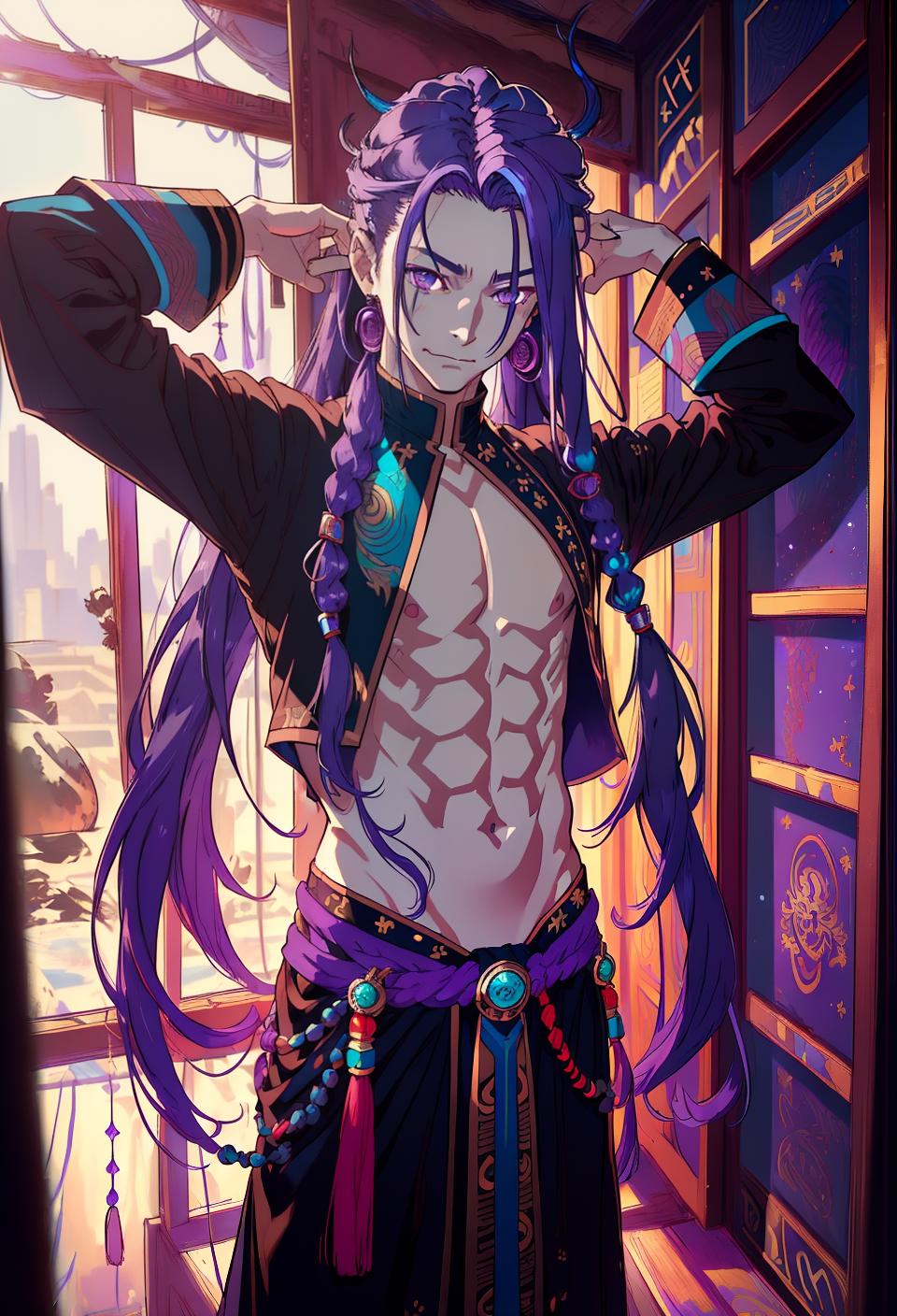  ((trending, highres, masterpiece, cinematic shot)), 1boy, mature, male tribal clothes, otherworldly scene, very long straight purple hair, side locks hairstyle, narrow aqua eyes, sarcastic personality, happy expression, fair skin, epic, energetic