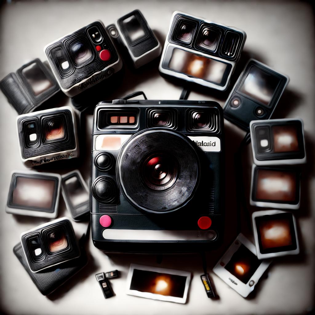  a polaroid camera with polaroids, best quality, masterpiece