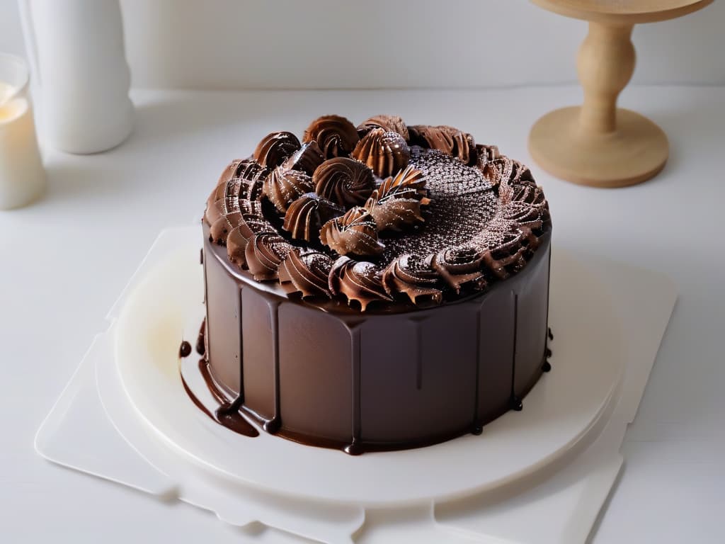  An ultradetailed, minimalist image of a decadent chocolate cake with a smooth, glossy macainfused frosting. The cake sits on a sleek, modern white plate, showcasing intricate swirls and details on the frosting that glisten under a soft, natural light. The rich, dark chocolate layers of the cake peek through the frosting, hinting at indulgent flavors. The background is a subtle, blurred kitchen setting with hints of minimalist decor, emphasizing the elegance and sophistication of incorporating maca into desserts. hyperrealistic, full body, detailed clothing, highly detailed, cinematic lighting, stunningly beautiful, intricate, sharp focus, f/1. 8, 85mm, (centered image composition), (professionally color graded), ((bright soft diffused light)), volumetric fog, trending on instagram, trending on tumblr, HDR 4K, 8K