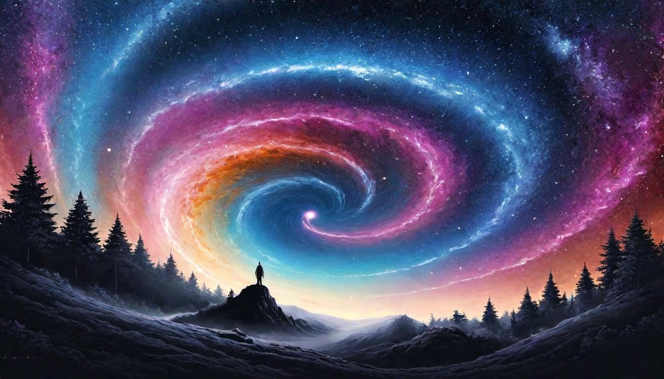  （surrealism)A figure standing at the heart of a spiral galaxy, embodying spiritual force, stars weave around them, cosmic presence, gravitational pull, enlightening, center of change mystic, intricate details, best quality)