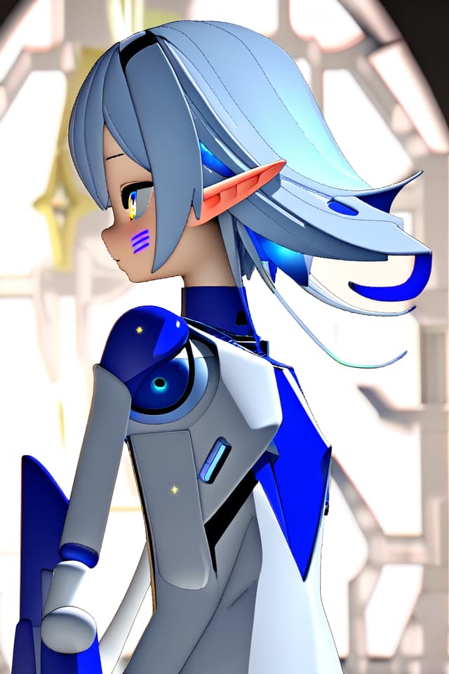  masterpiece,(((3D))),super sensitive,super analytical,cute elf,delicate elf robot,(((facline with visible machinery inside)))1.7,delicate light blue hair color,delicate,(((stained gl like eyes sparkle))),absurd,adopted,expressionless,barcode on cheek,white and blue body,spherical joint,profile 1/3,hair blowing in wind,dead gr,dead gr dancing in wind,upper body,high quality,16K