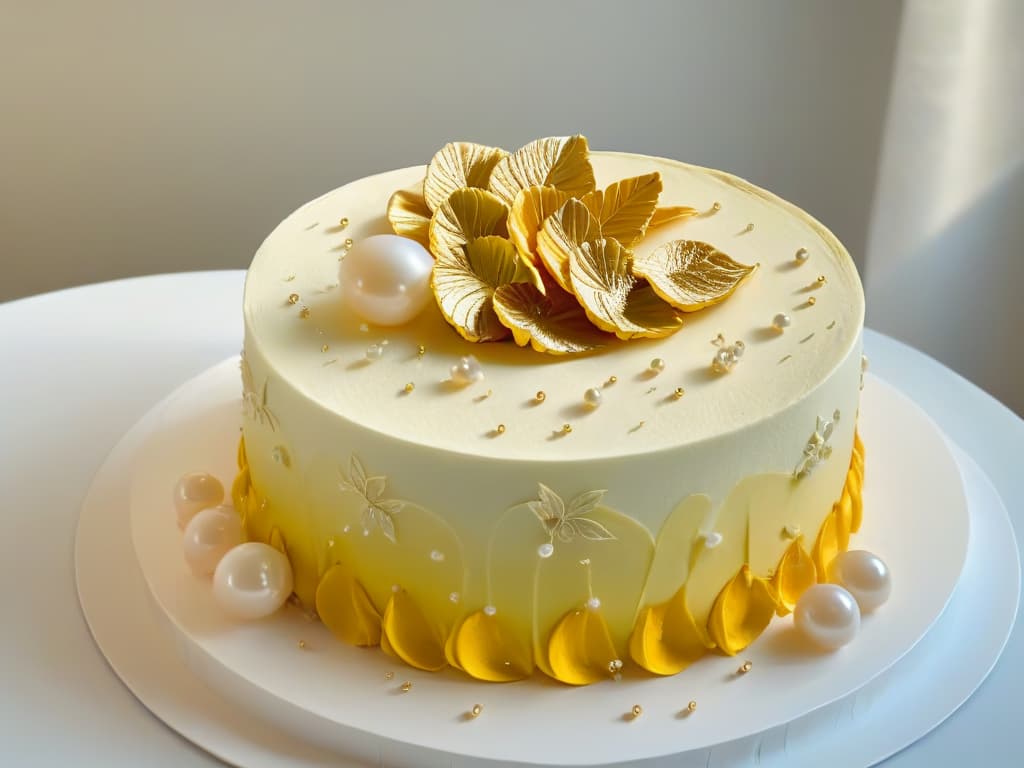  A closeup, ultradetailed image of a delicate, intricately designed cake covered in shimmering gold leaf accents and adorned with perfectly placed edible sugar pearls, showcasing the artistry and precision involved in pastry decoration. hyperrealistic, full body, detailed clothing, highly detailed, cinematic lighting, stunningly beautiful, intricate, sharp focus, f/1. 8, 85mm, (centered image composition), (professionally color graded), ((bright soft diffused light)), volumetric fog, trending on instagram, trending on tumblr, HDR 4K, 8K