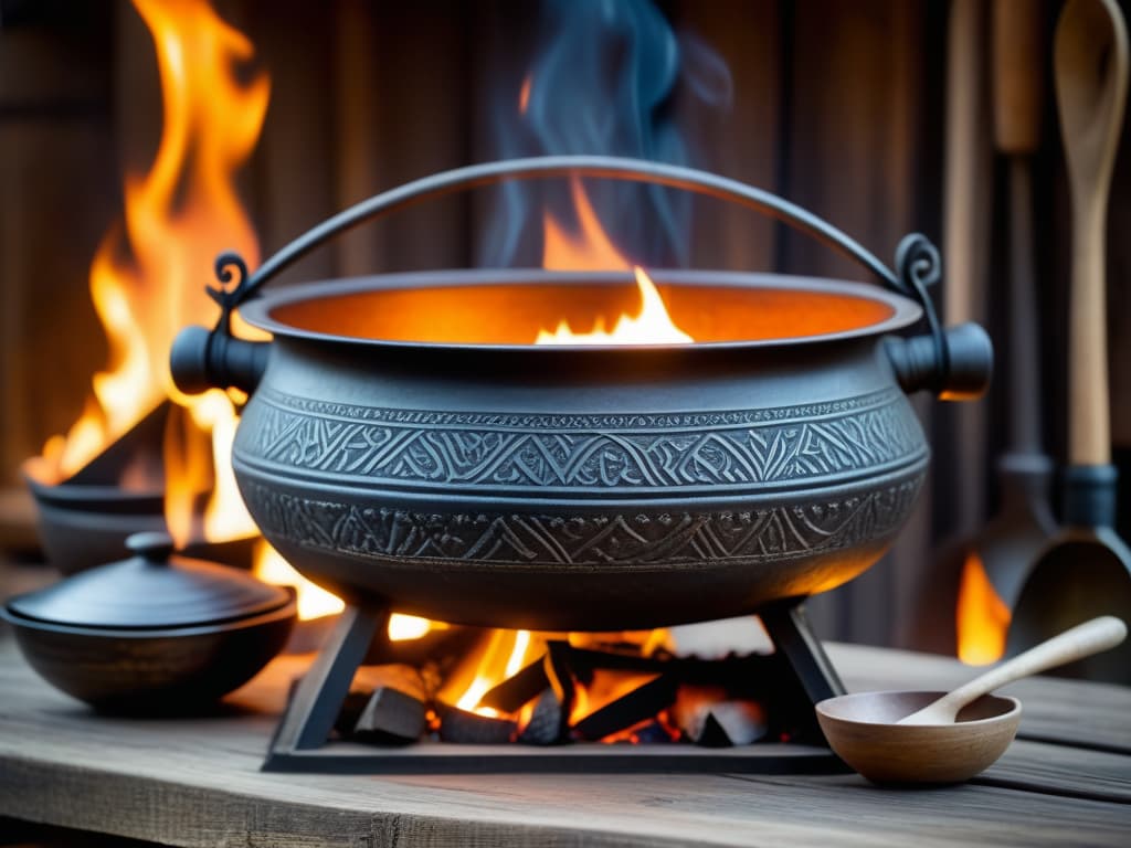  An ultradetailed image of a handforged iron cauldron suspended over crackling flames, showcasing intricate patterns and ancient inscriptions on its surface. The cauldron is surrounded by various preViking cooking utensils such as wooden spoons, bone knives, and clay bowls, all meticulously arranged on a rustic wooden table. The flames cast a warm, flickering light, creating a mesmerizing play of shadows and highlights that bring to life the essence of cooking in the preViking era. hyperrealistic, full body, detailed clothing, highly detailed, cinematic lighting, stunningly beautiful, intricate, sharp focus, f/1. 8, 85mm, (centered image composition), (professionally color graded), ((bright soft diffused light)), volumetric fog, trending on instagram, trending on tumblr, HDR 4K, 8K