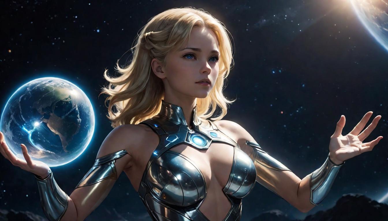  1girl, large busted attractive blonde arian female humanoid, wearing a celestial gown, raising her hands towards a glowing orb above Earth, theme of unity and awakening, high tech clothing clad in sleek, futuristic costume with metallic accents and form fitting designs, marvel superhero comics style, unreal engine rendering