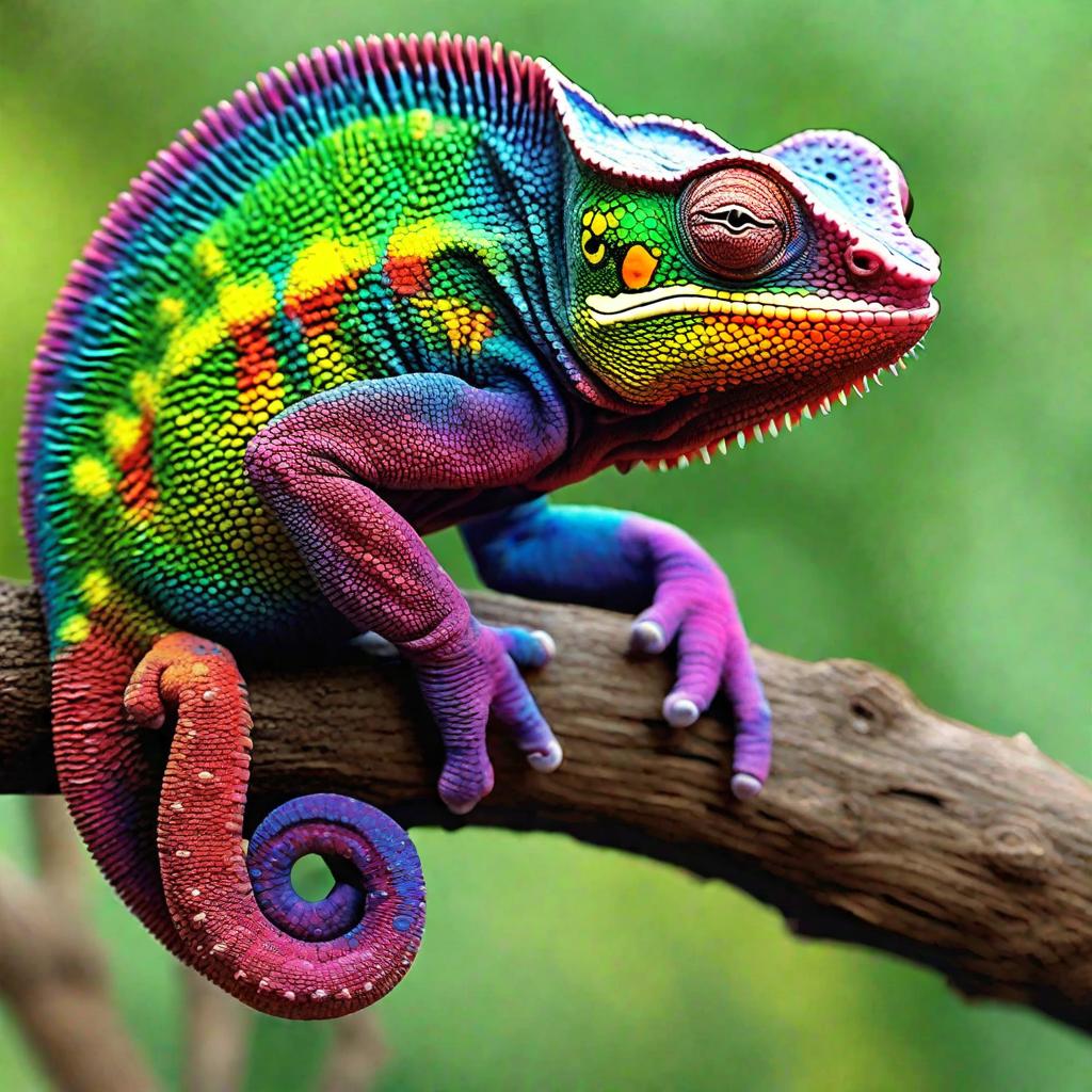  masterpiece, best quality, a rainbow coloured chameleon, realistic, walking on a branch