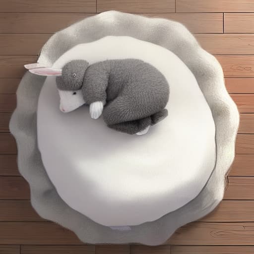  Draw a greyish white breed Dodge Woolly Rabbit sleeping on a round white blanket