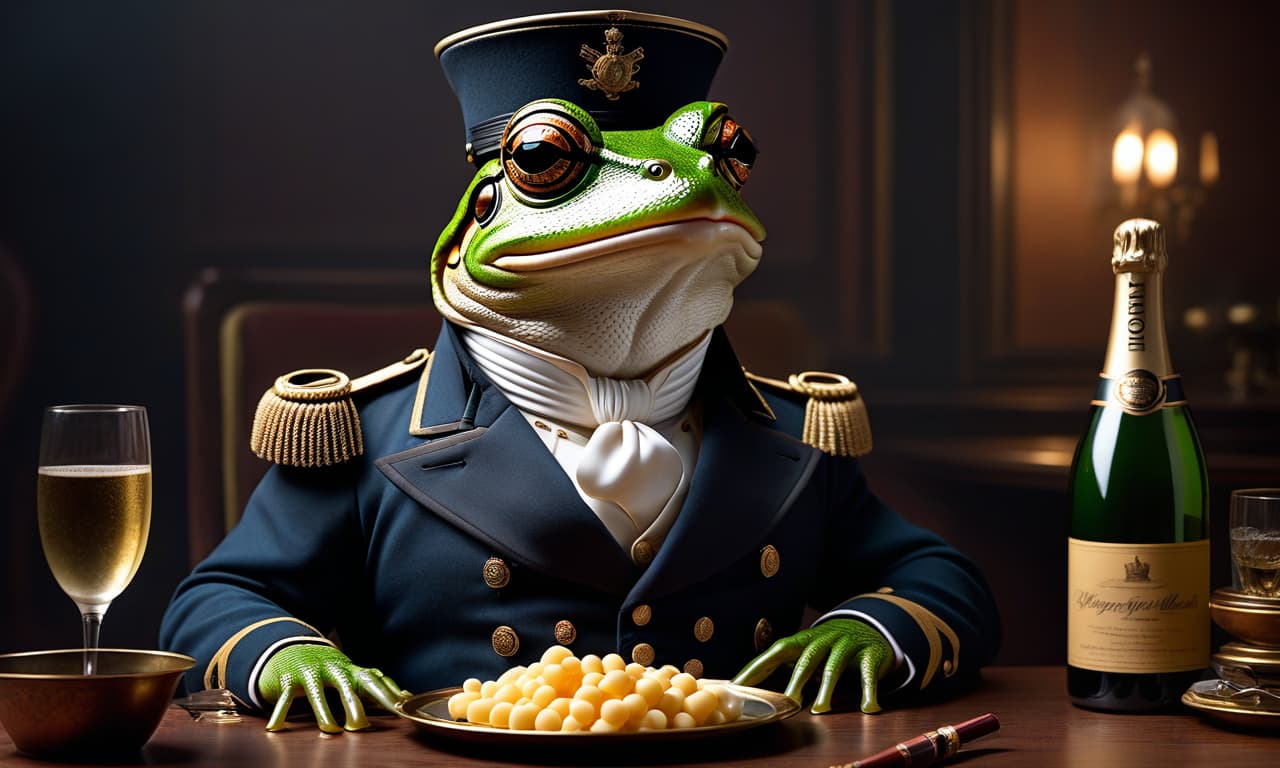  A frog in the form of a Napoleonic era officer. The whole snout is covered in warts and pimples. Sitting in a chair. Smoking a cigar. On the table, a bottle of champagne, a plate of macaroni, and a plate of cheese. Detailed, realistic. hyperrealistic, full body, detailed clothing, highly detailed, cinematic lighting, stunningly beautiful, intricate, sharp focus, f/1. 8, 85mm, (centered image composition), (professionally color graded), ((bright soft diffused light)), volumetric fog, trending on instagram, trending on tumblr, HDR 4K, 8K