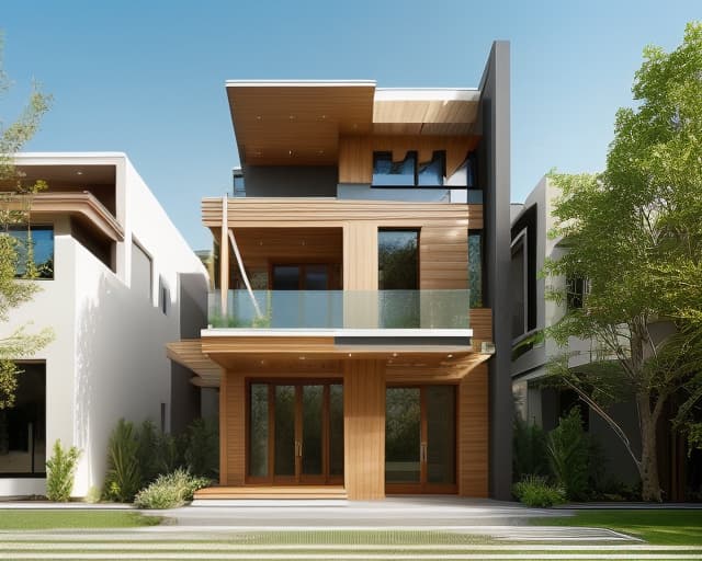  Modern villa exterior architecture, daylight hours, beautiful modern materials, wood window, bright colors in harmony with the surrounding landscape