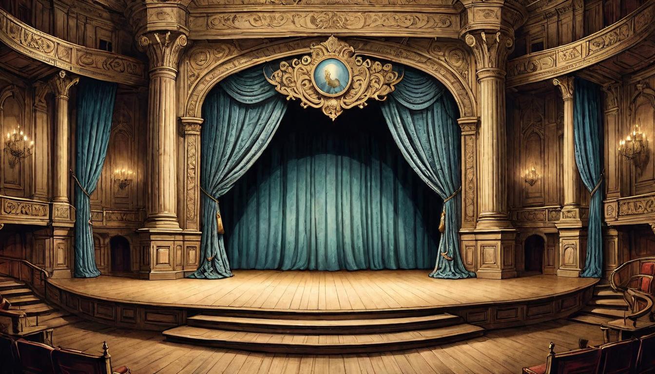  on parchment, surrealism+++, A grand theater stage with ornate curtains, a central spotlight illuminating an empty wooden floor, expectant, significant(mysterious, provocative, symbolic,muted color)+++