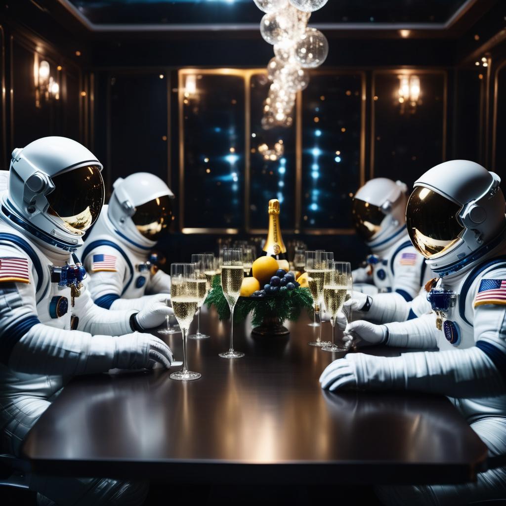  cinematic photo astronauts in spacesuits at a large table. they drink champagne. rich table the table is filled with beautiful food, gloomy atmosphere. details. dark theme . 35mm photograph, film, bokeh, professional, 4k, highly detailed