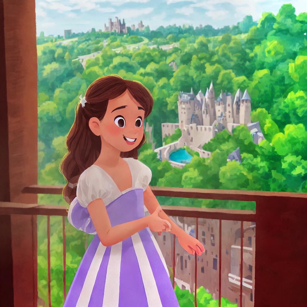  (best quality:1.5), (realistic:1.0), view from the balcony, princess, girl, solo, A line dress, castle