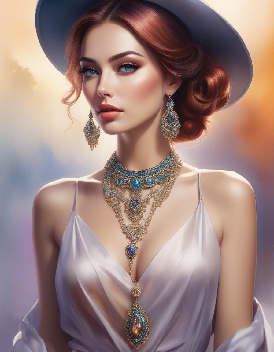  hyperrealistic art painting of a woman wearing a hat with a necklace, exquisite digital illustration, elegante pintura digital, linda pintura de persona gem, beautiful digital illustration, estilo de pintura digital, linda pintura digital, linda arte digital, no estilo aquarela, pintura linda, no art style by bowater, a beautiful art illustration, no estilo de aquarela digital, with ink blots and paint running down the screen . extremely high resolution details, photographic, realism pushed to extreme, fine texture, incredibly lifelike hyperrealistic, full body, detailed clothing, highly detailed, cinematic lighting, stunningly beautiful, intricate, sharp focus, f/1. 8, 85mm, (centered image composition), (professionally color graded), ((bright soft diffused light)), volumetric fog, trending on instagram, trending on tumblr, HDR 4K, 8K