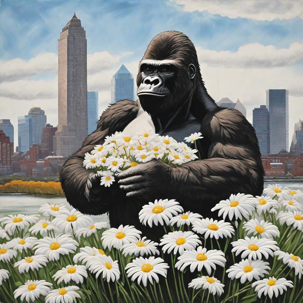  masterpiece, best quality, King Kong holding white daisies, Boston skyline