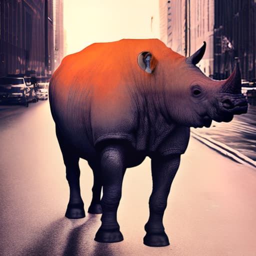 dublex style /imagine prompt: A powerful superhero rhinoceros, exuding strength, dons a sleek and tailored suit. With rippling muscles, it stands confidently on a bustling street in the heart of New York City.